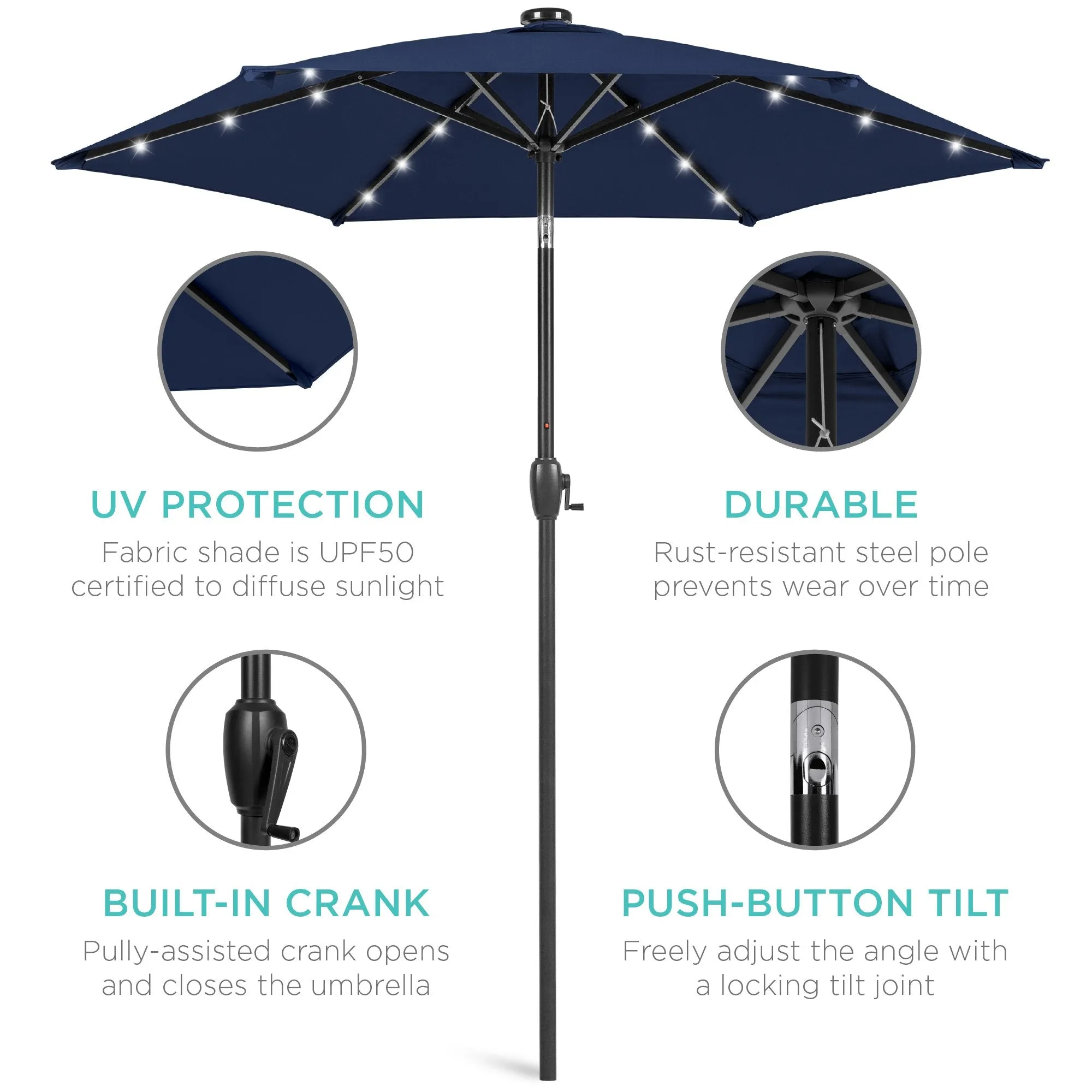 7.5ft Outdoor Solar Patio Umbrella w/ Push Button Tilt, Crank Lift