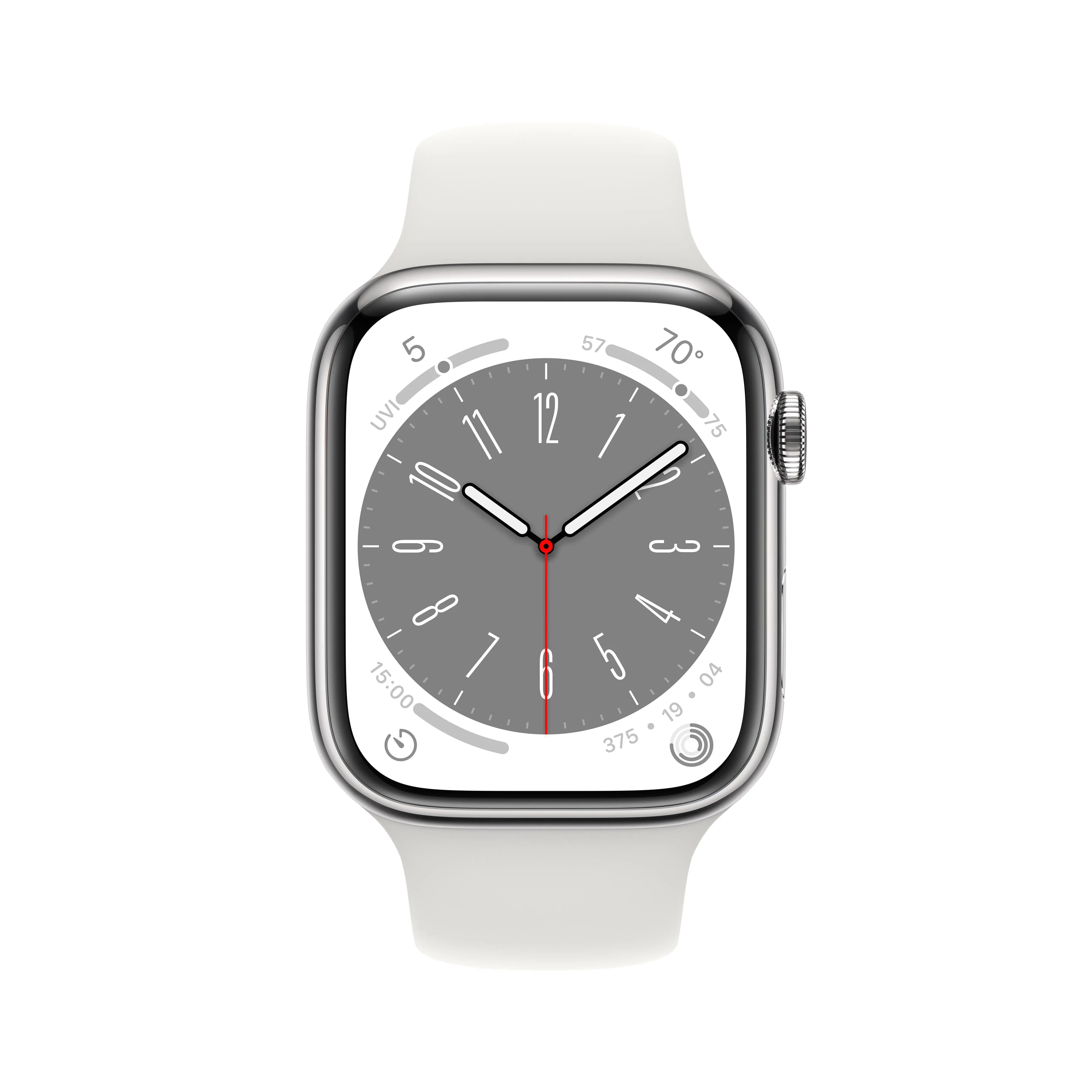 Apple Watch Series 8 GPS   Cellular 45mm Silver Stainless Steel Case with White Sport Band - Regular