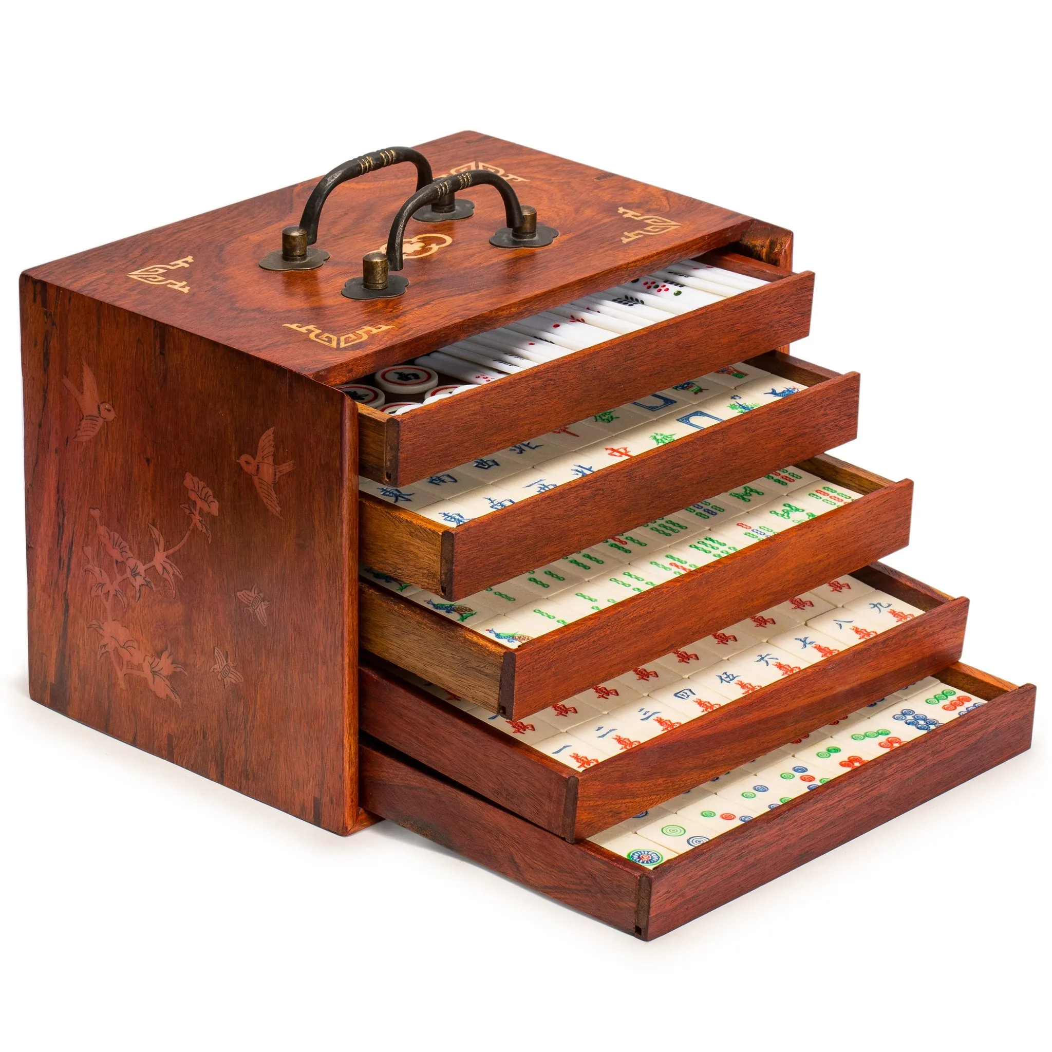 Chinese Rosewood Mahjong Set with 5 Drawer Box