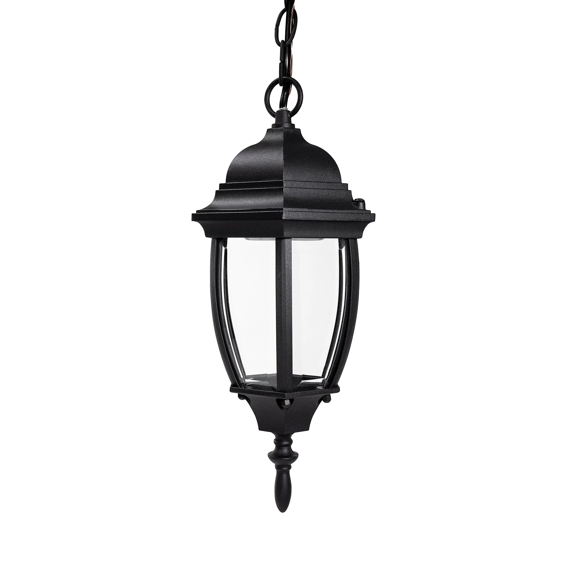 Integrated LED Curved Glass Indoor / Outdoor Pendant Lantern, 800 Lumens, 3K, Damp Location, Black Finish with Clear Glass