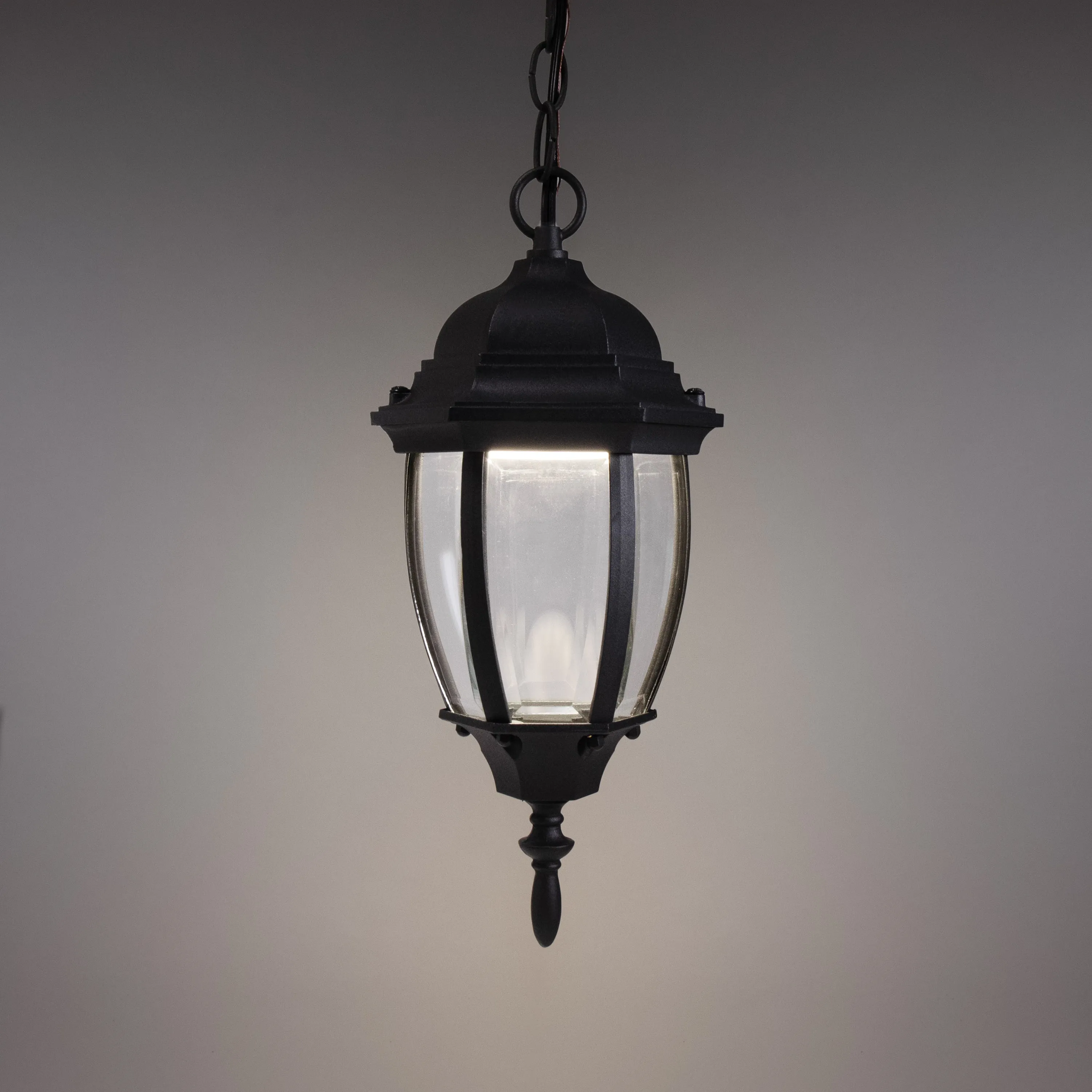 Integrated LED Curved Glass Indoor / Outdoor Pendant Lantern, 800 Lumens, 3K, Damp Location, Black Finish with Clear Glass