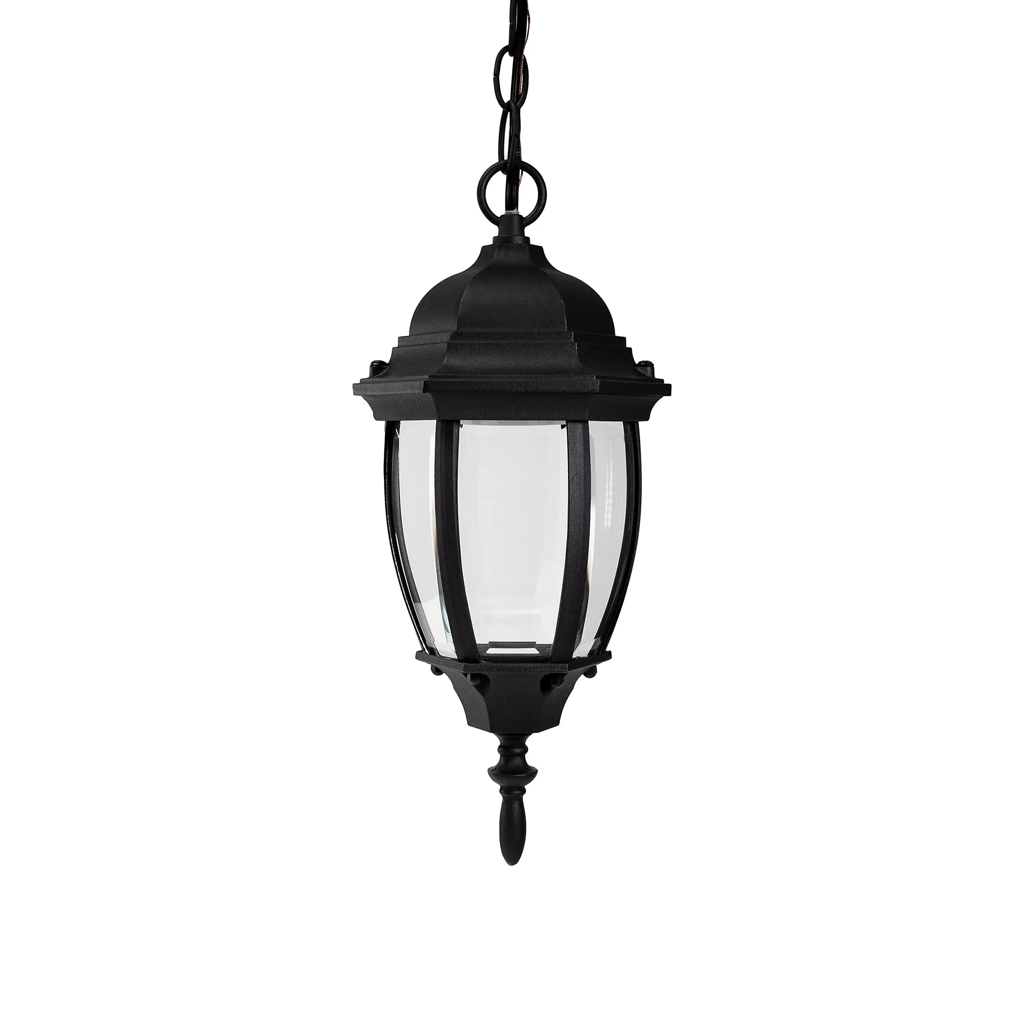 Integrated LED Curved Glass Indoor / Outdoor Pendant Lantern, 800 Lumens, 3K, Damp Location, Black Finish with Clear Glass