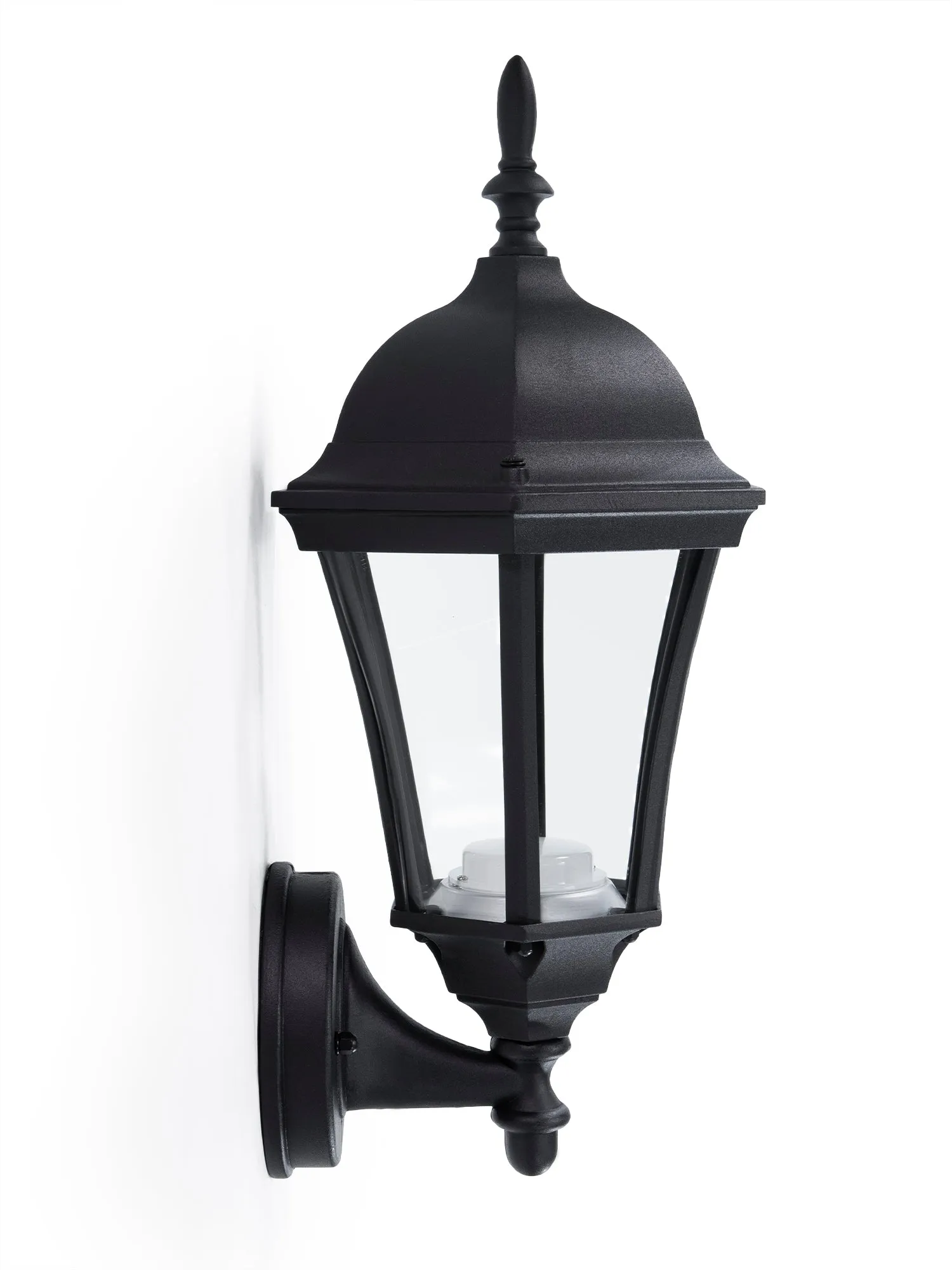 Integrated LED Inverted Glass Hex Wall Sconce Lantern, 800 Lumens, 3K, Wet Location, Black Finish with Clear Glass