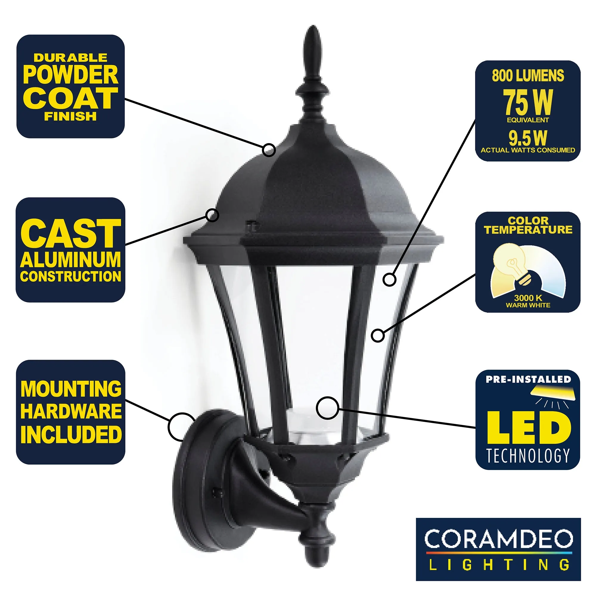 Integrated LED Inverted Glass Hex Wall Sconce Lantern, 800 Lumens, 3K, Wet Location, Black Finish with Clear Glass