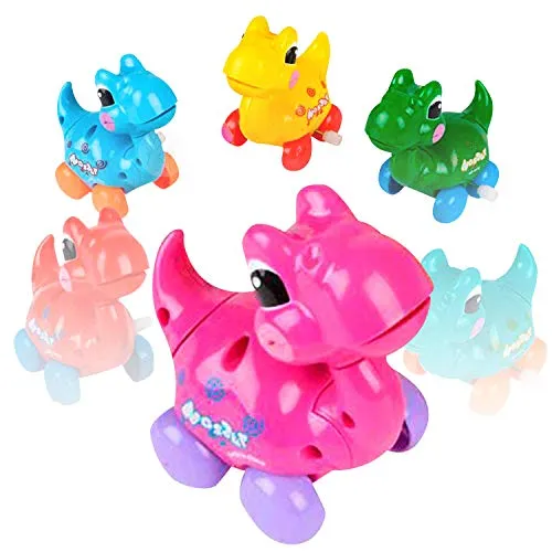 Kicko Wind-Up Dinosaur - Pack of 6, 3.25 Inch Multi-Colored Little Dinos with Wheels