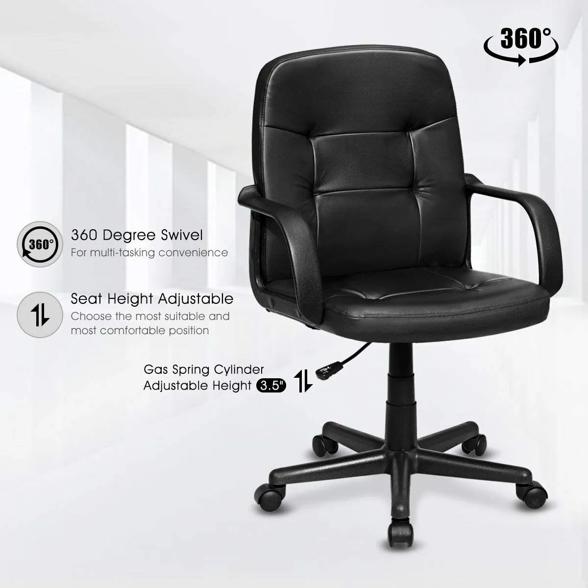 KOMFOTT Executive Chair Mid Back Office W/Arms and Swivel Wheels