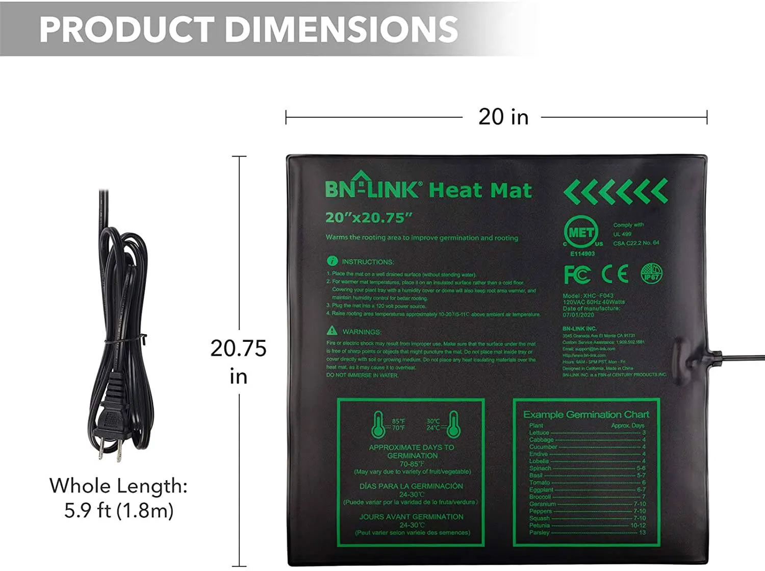 Seedling Heat Mat 20" x 20.75" with Heating Thermostat Outlet Controller BN-LINK