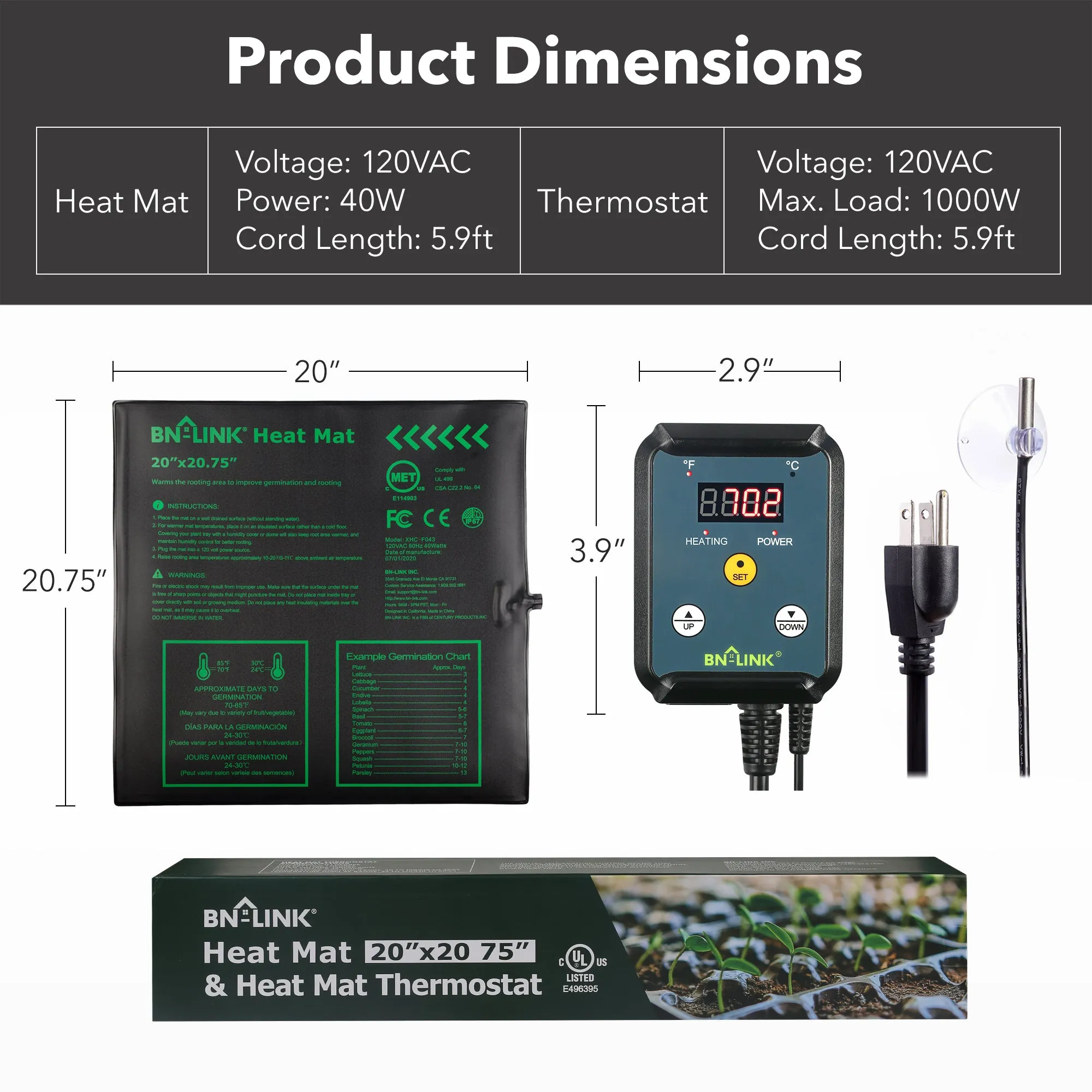 Seedling Heat Mat 20" x 20.75" with Heating Thermostat Outlet Controller BN-LINK